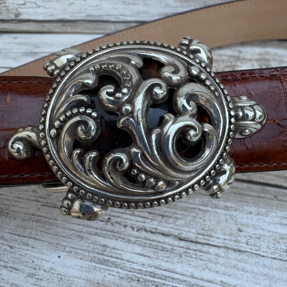Brighton Belt 30 Brown Crocodile Embossed Leather Silver Turtle Buckle Tortoise